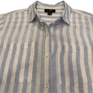 Lord & Taylor Women’s Button-Up LINEN Shirt Blue/white Stripe Pockets XS